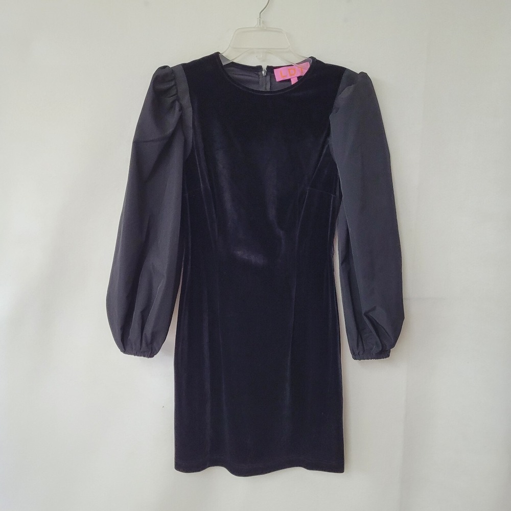 LDT Velvet Puff Sleeve‎ Mini Dress Women 2 Black Contrast Long Sleeve Goth Chic